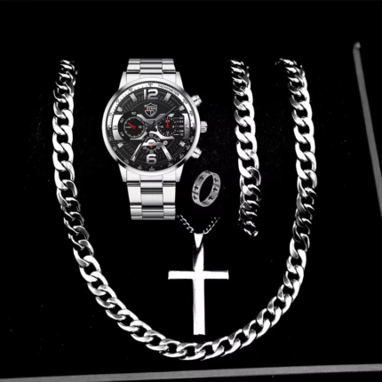 DEYROS Men’s Quartz Watch & Jewelry Set – 5pcs