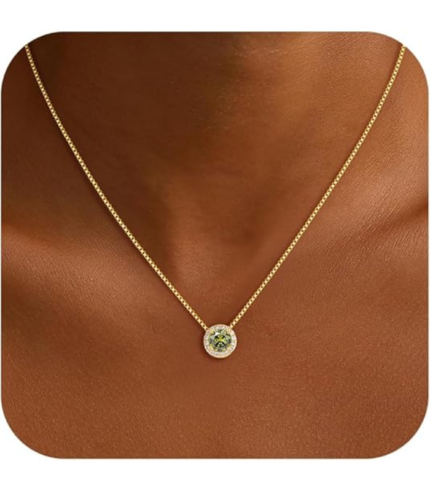 Birthstone Necklace for Women – 14K Gold Plated Disc Pendant on Box Chain