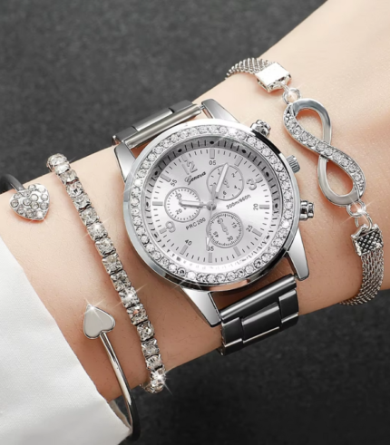 4pcs Women’s Rhinestone Quartz Watch & Bracelet Set