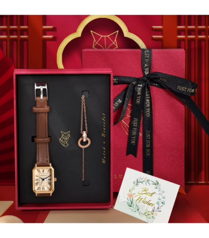 LUCKY FOX 2pcs Women’s Square Quartz Watch & Bracelet Set