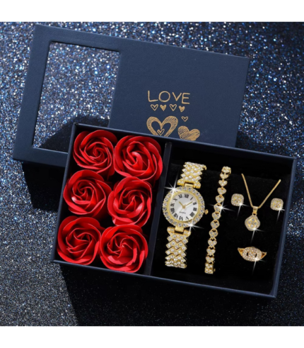 6pcs Women’s Gold Quartz Watch & Jewelry Set